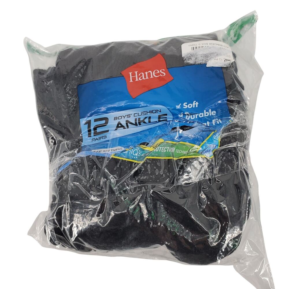 Hanes Boys Cushion Angle Socks Black Medium 9-2 1/2 12 Pack New